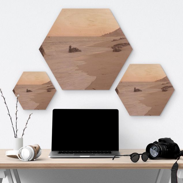 Hexagon Bild Holz - Roségoldener Strand