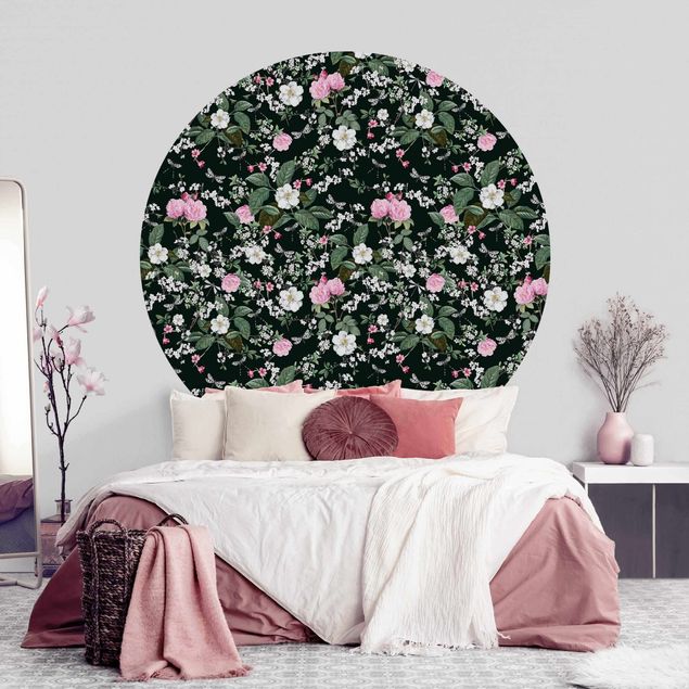 Design Tapeten Rosen und Schmetterlinge auf Dunkelgrün