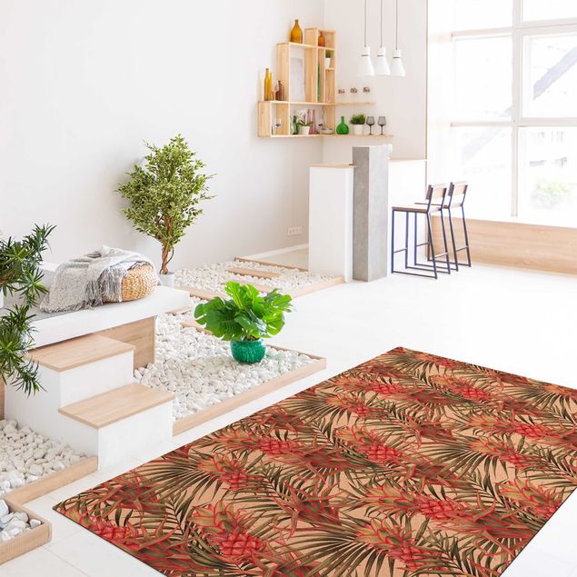Teppich Blumenmuster Rote Ananas mit Palmenblättern Tropisch