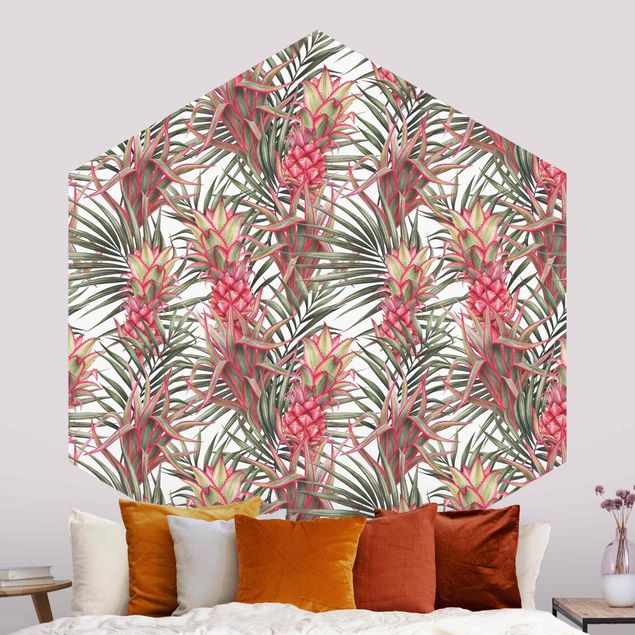 Tapeten mit Muster Rote Ananas mit Palmenblättern Tropisch