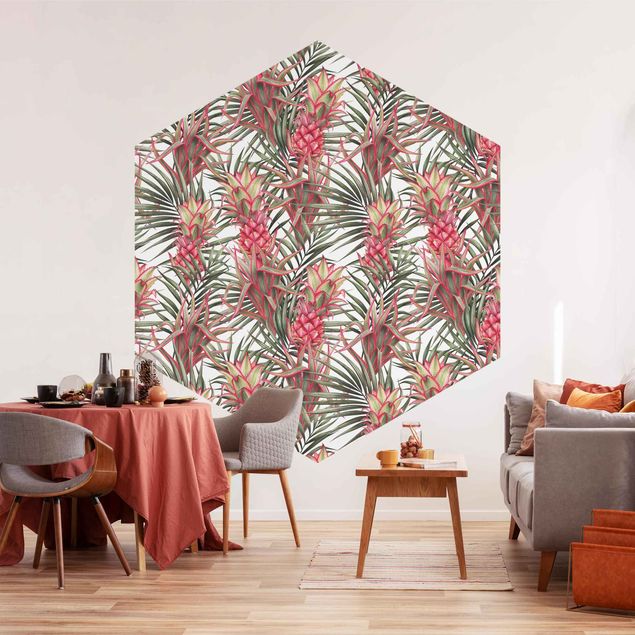 Design Tapeten Rote Ananas mit Palmenblättern Tropisch