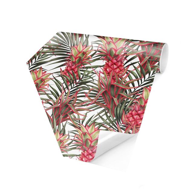 schöne Tapeten Rote Ananas mit Palmenblättern Tropisch