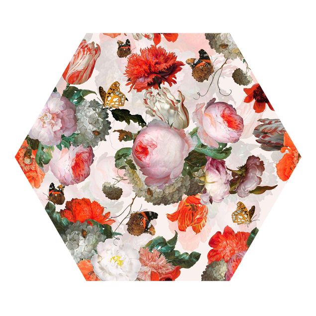 Hexagon Mustertapete selbstklebend - Rote Blumen mit Schmetterlingen
