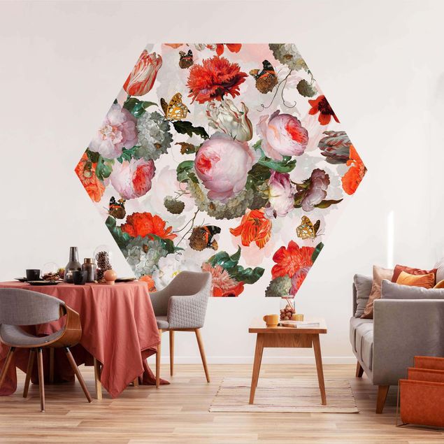 Hexagon Mustertapete selbstklebend - Rote Blumen mit Schmetterlingen