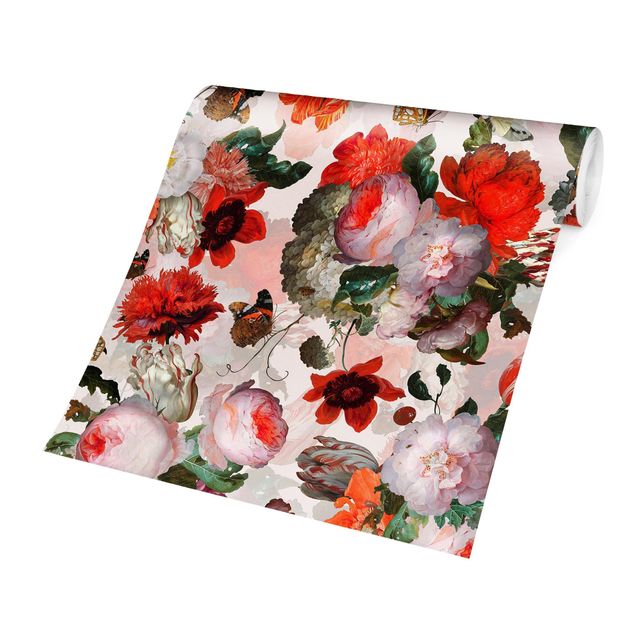 Fototapete - Rote Blumen mit Schmetterlingen