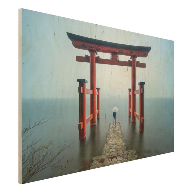Holzbilder Natur Rotes Torii am Ashi-See