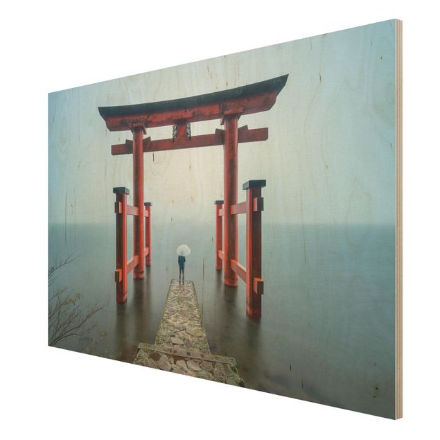 Bilder auf Holz Rotes Torii am Ashi-See
