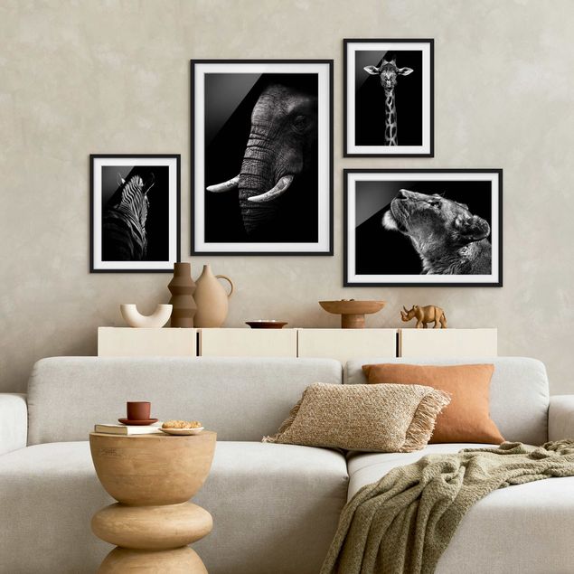 Moderne Bilder mit Rahmen Safari in Schwarz-Weiß