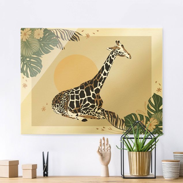 XXL Glasbilder Safari Tiere - Giraffe im Sonnenuntergang