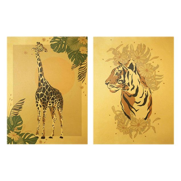 Leinwandbild 2-teilig - Safari Tiere - Giraffe und Tiger