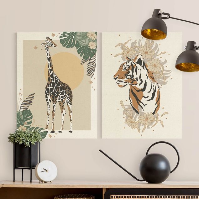 Leinwandbild Löwe Safari Tiere - Giraffe und Tiger
