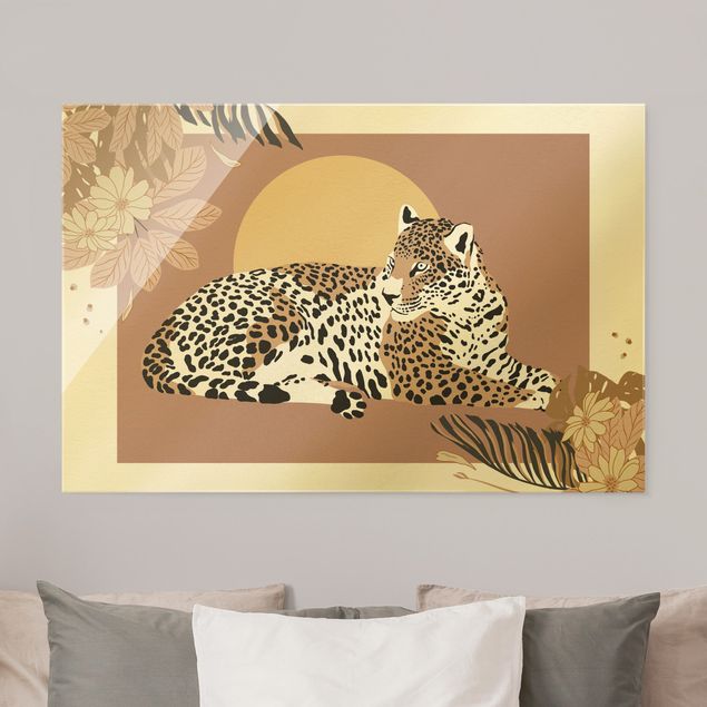 Glasbilder Blumen Safari Tiere - Leopard im Sonnenuntergang