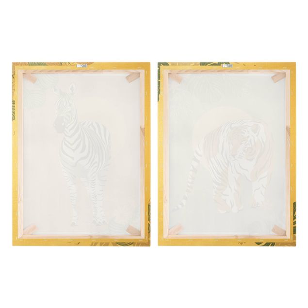 Leinwandbild 2-teilig - Safari Tiere - Zebra und Tiger vor Sonne