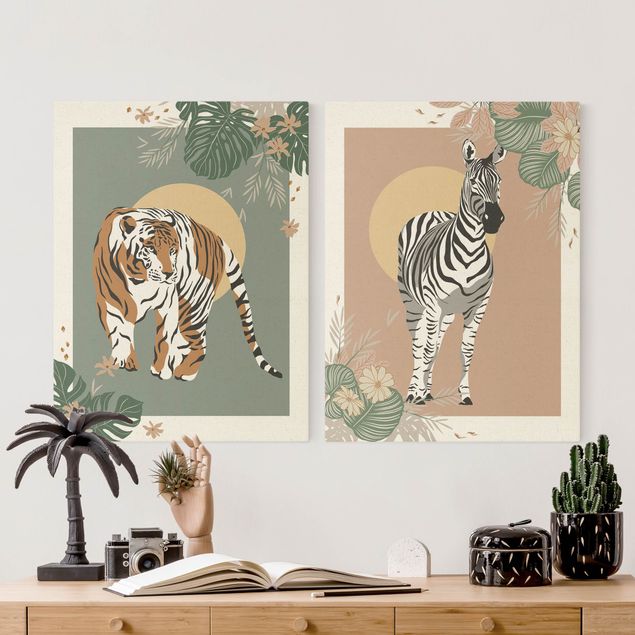 Leinwandbild Löwe Safari Tiere - Zebra und Tiger vor Sonne