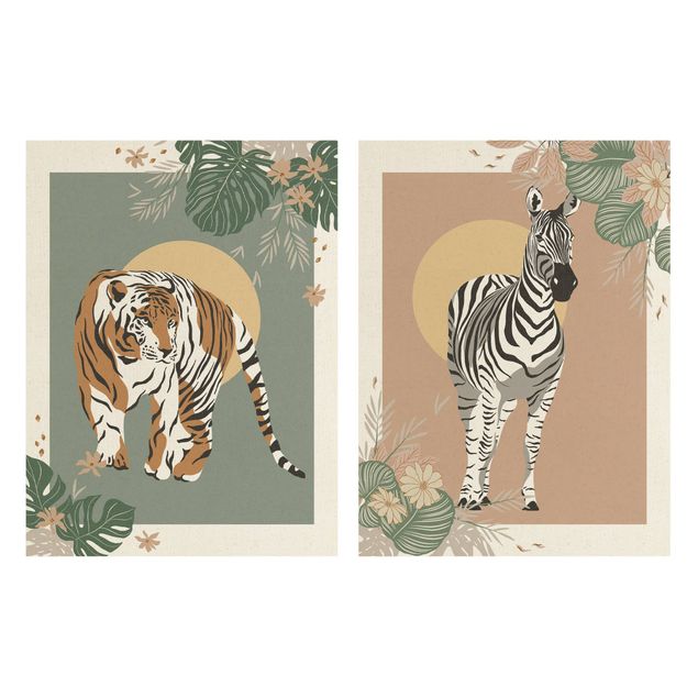 Wandbilder Safari Tiere - Zebra und Tiger vor Sonne