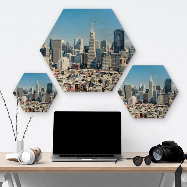 Hexagon Bild Holz - San Francisco Skyline