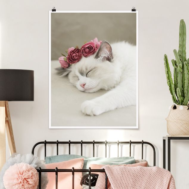 Poster Katzen Schlafende Katze mit Rosen