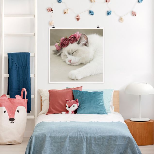 Wand Poster XXL Schlafende Katze mit Rosen
