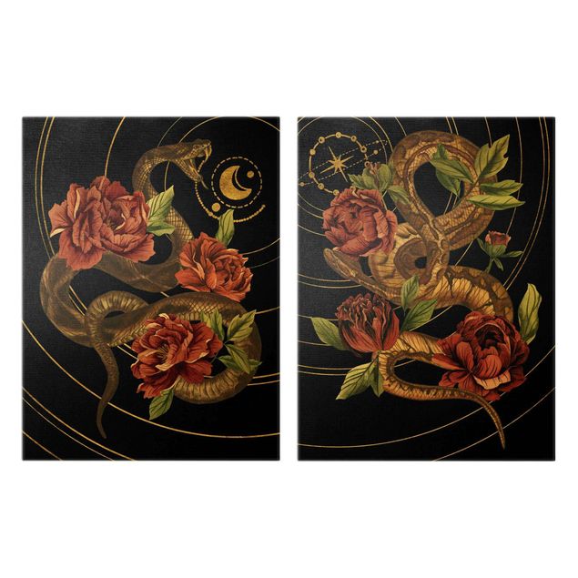 Wandbilder Schlange mit Rosen Schwarz und Gold Duo