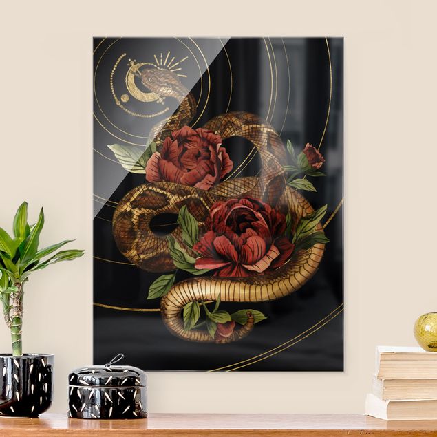 Glasbilder Blumen Schlange mit Rosen Schwarz und Gold I