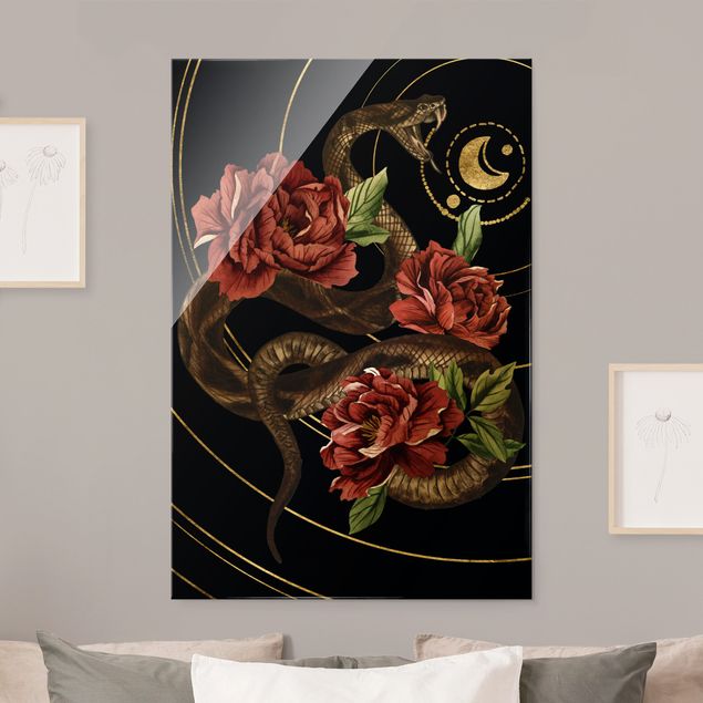 Blumen Glasbilder Schlange mit Rosen Schwarz und Gold II
