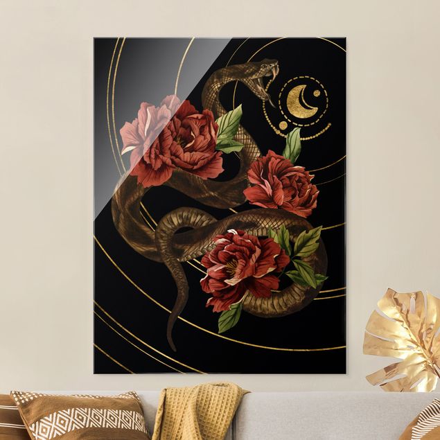 Glasbilder Blumen Schlange mit Rosen Schwarz und Gold II