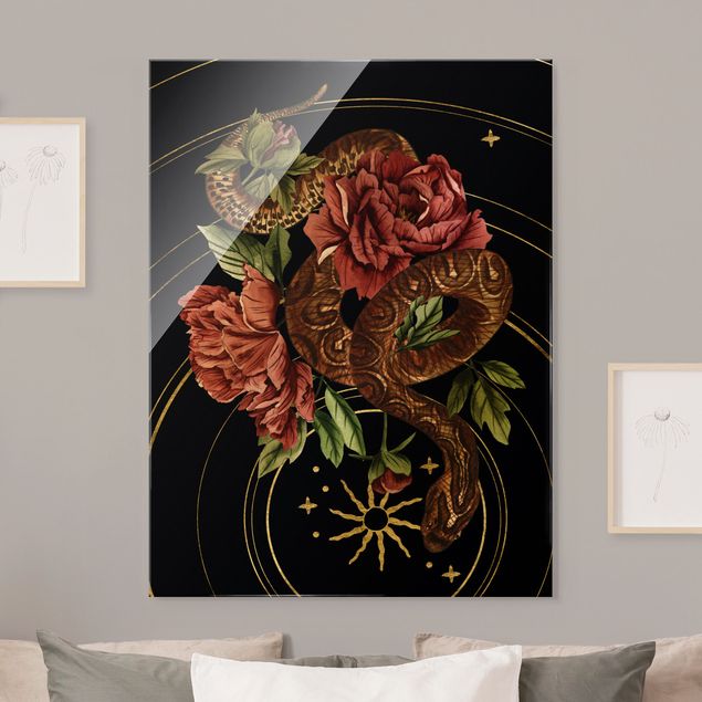 Blumen Glasbilder Schlange mit Rosen Schwarz und Gold III