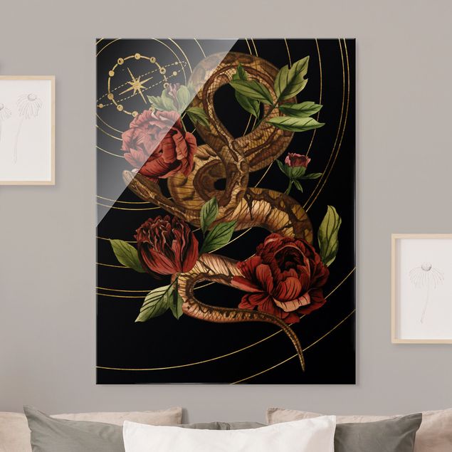 Blumen Glasbilder Schlange mit Rosen Schwarz und Gold IV