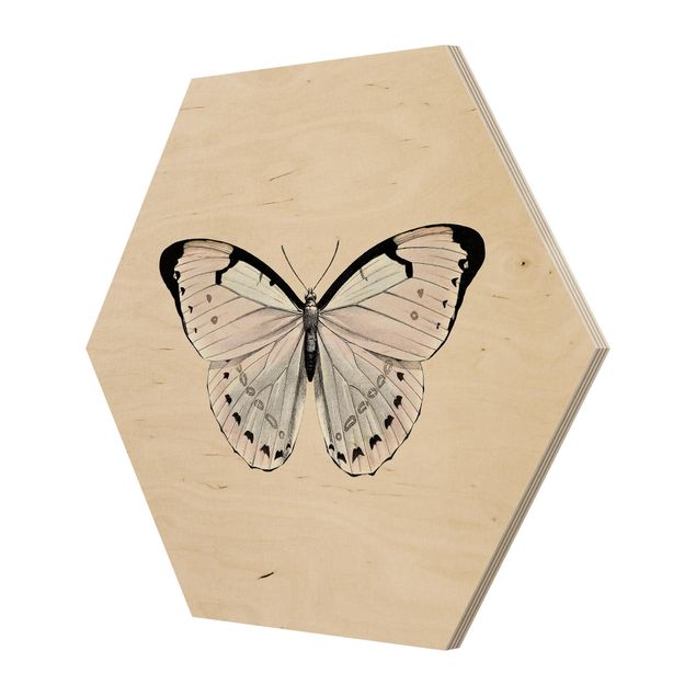 Hexagon Bild Holz - Schmetterling auf Beige