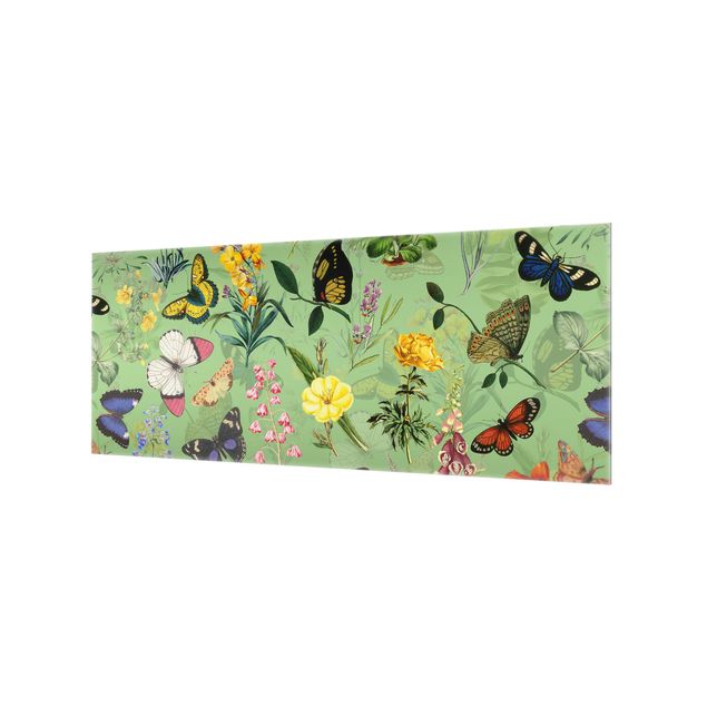 Spritzschutz Glas - Schmetterlinge mit Blumen auf Grün - Panorama 5:2