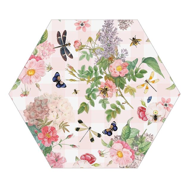 Hexagon Mustertapete selbstklebend - Schmetterlinge mit rosa Blumen