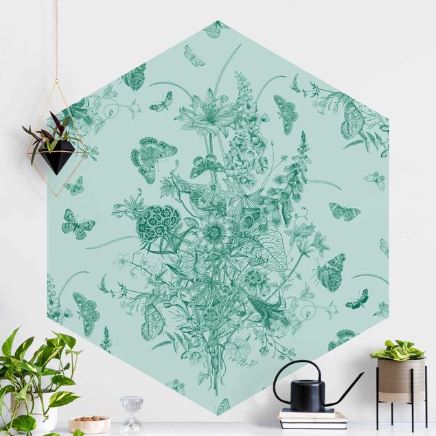 Hexagon Mustertapete selbstklebend - Schmetterlinge um Blumeninsel in Grün II