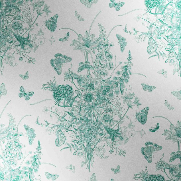 Metallic Tapete  - Schmetterlinge um Blumeninsel in Grün