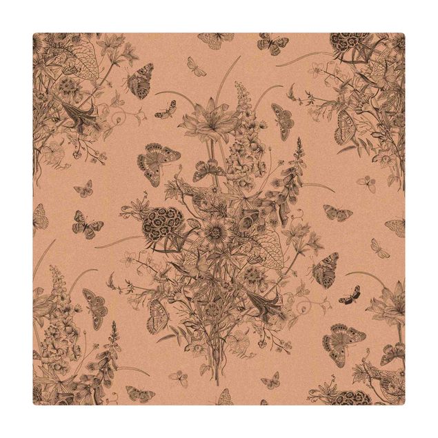 Kork-Teppich - Schmetterlinge um Blumeninsel in Schwarz - Quadrat 1:1
