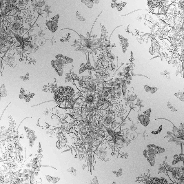 Metallic Tapete  - Schmetterlinge um Blumeninsel in Schwarz