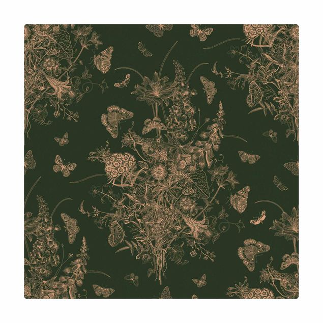 Kork-Teppich - Schmetterlinge um Blumeninsel vor Grüngrau - Quadrat 1:1