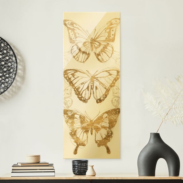 Glasbilder Tiere Schmetterlingskomposition in Gold II