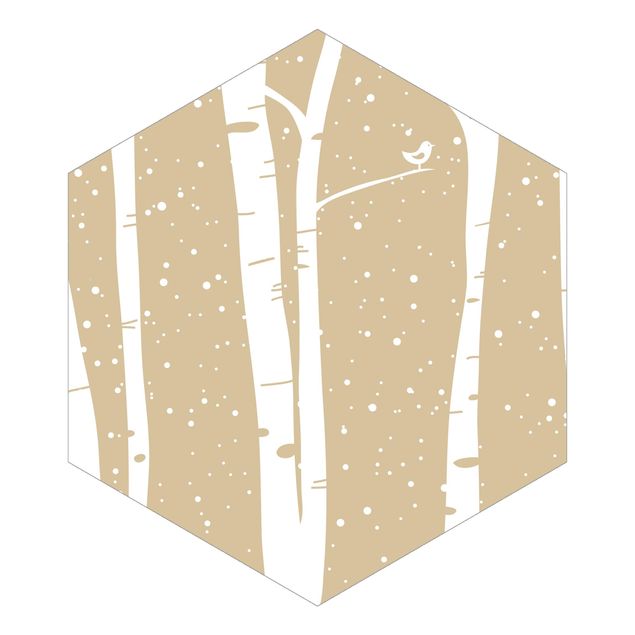 Hexagon Mustertapete selbstklebend - Schneekonzert zwischen Birken