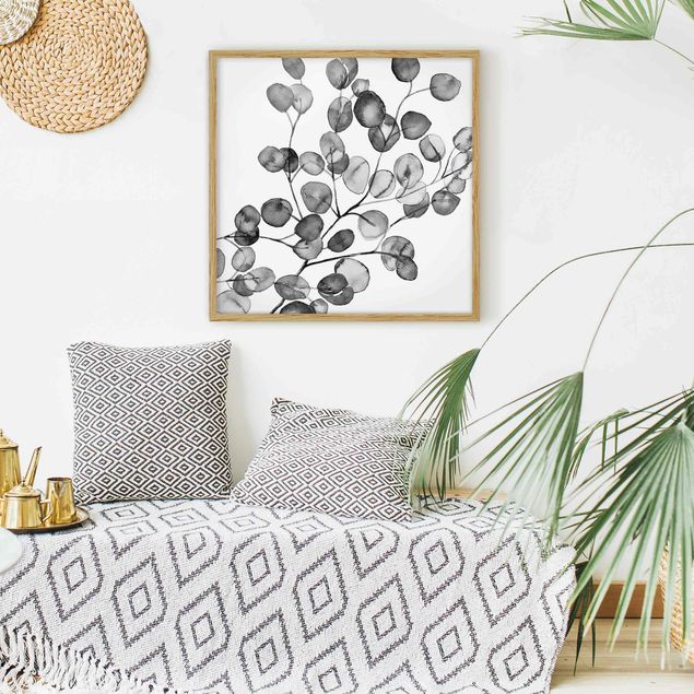 Moderne Bilder mit Rahmen Schwarz Weiß Aquarell Eukalyptuszweig