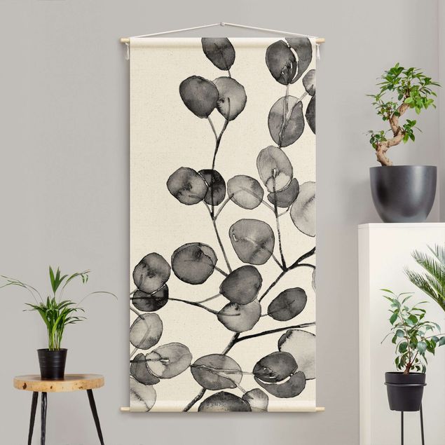 Wandbehang Schwarz Weiß Aquarell Eukalyptuszweig