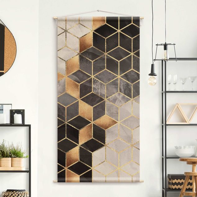 Wandteppich modern Schwarz Weiß goldene Geometrie