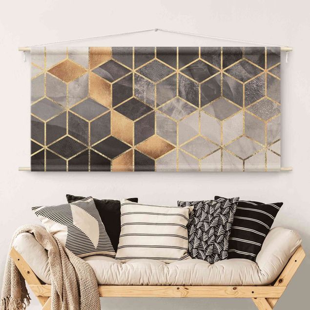 Wandteppich modern Schwarz Weiß goldene Geometrie