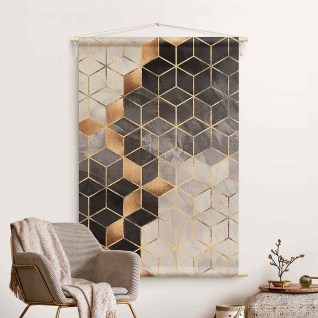 Moderne Wandteppiche Schwarz Weiß goldene Geometrie