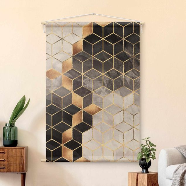 Wandbehang Stoffbild Schwarz Weiß goldene Geometrie