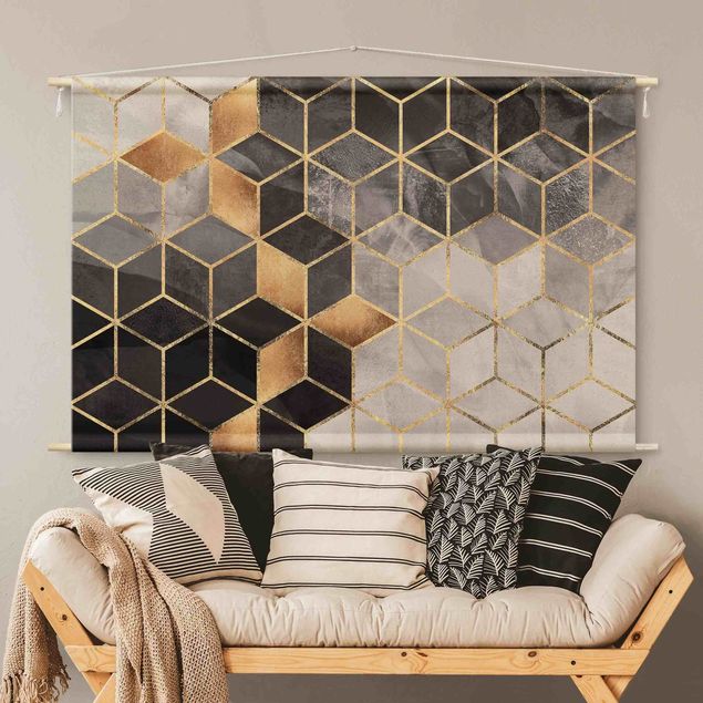 Wandbehang Schwarz Weiß goldene Geometrie