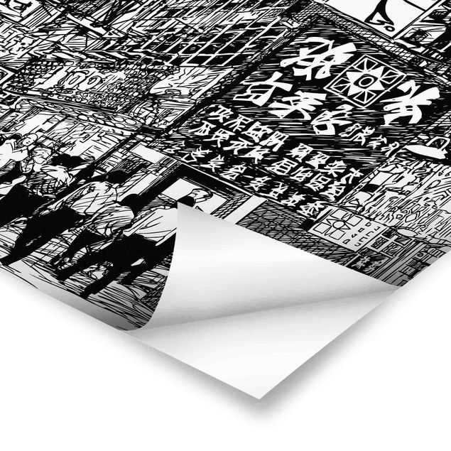 Poster - Schwarzweiße Zeichnung Asiatische Straße II - Querformat 4:3