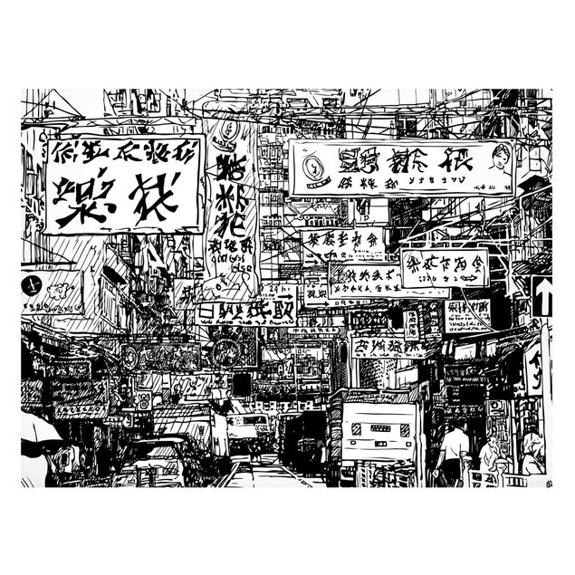 Wandbilder Schwarzweiße Zeichnung Asiatische Straße