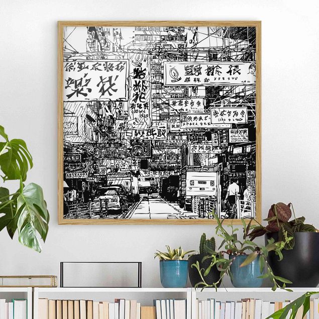Moderne Bilder mit Rahmen Schwarzweiße Zeichnung Asiatische Straße