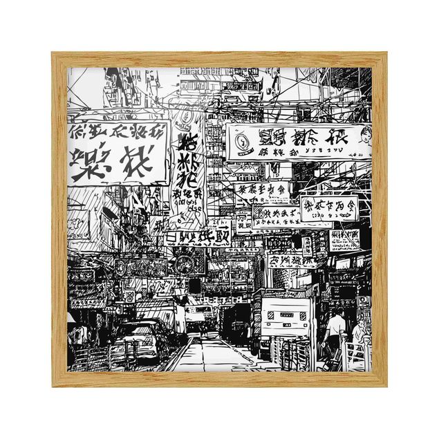 Wandbilder mit Rahmen Schwarzweiße Zeichnung Asiatische Straße