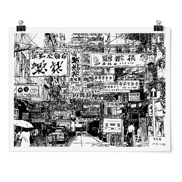 schöne Bilder Schwarzweiße Zeichnung Asiatische Straße